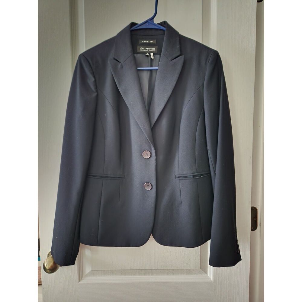 JONES NY BLACK NOTCH COLLAR 2 BUTTON BLAZER JACKET Suit Coat Wool Blend Size 8